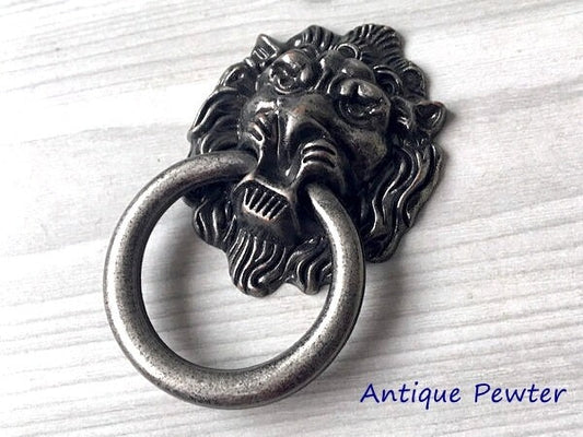 Lion Knob, Door Knocker, Lion Head Drop Ring Drawer Pull, Gold, Black, Bronze, Pewter, Silver