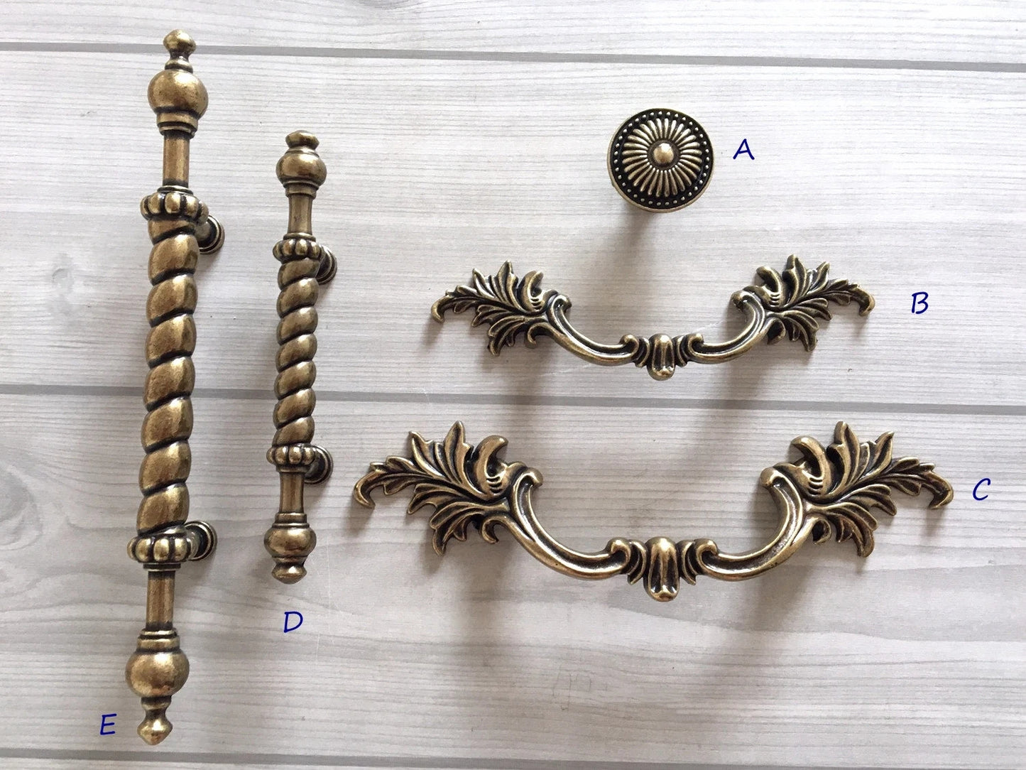Set of decorative french provincial antique bronze cabinet handles 