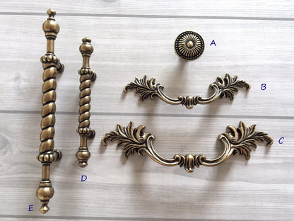 Set of decorative french provincial antique bronze cabinet handles 
