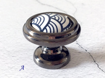 3.75" 5" Porcelain Cabinet Pulls, Blue White Scallop, Geometric Fish Scale, 96 128 mm Holes