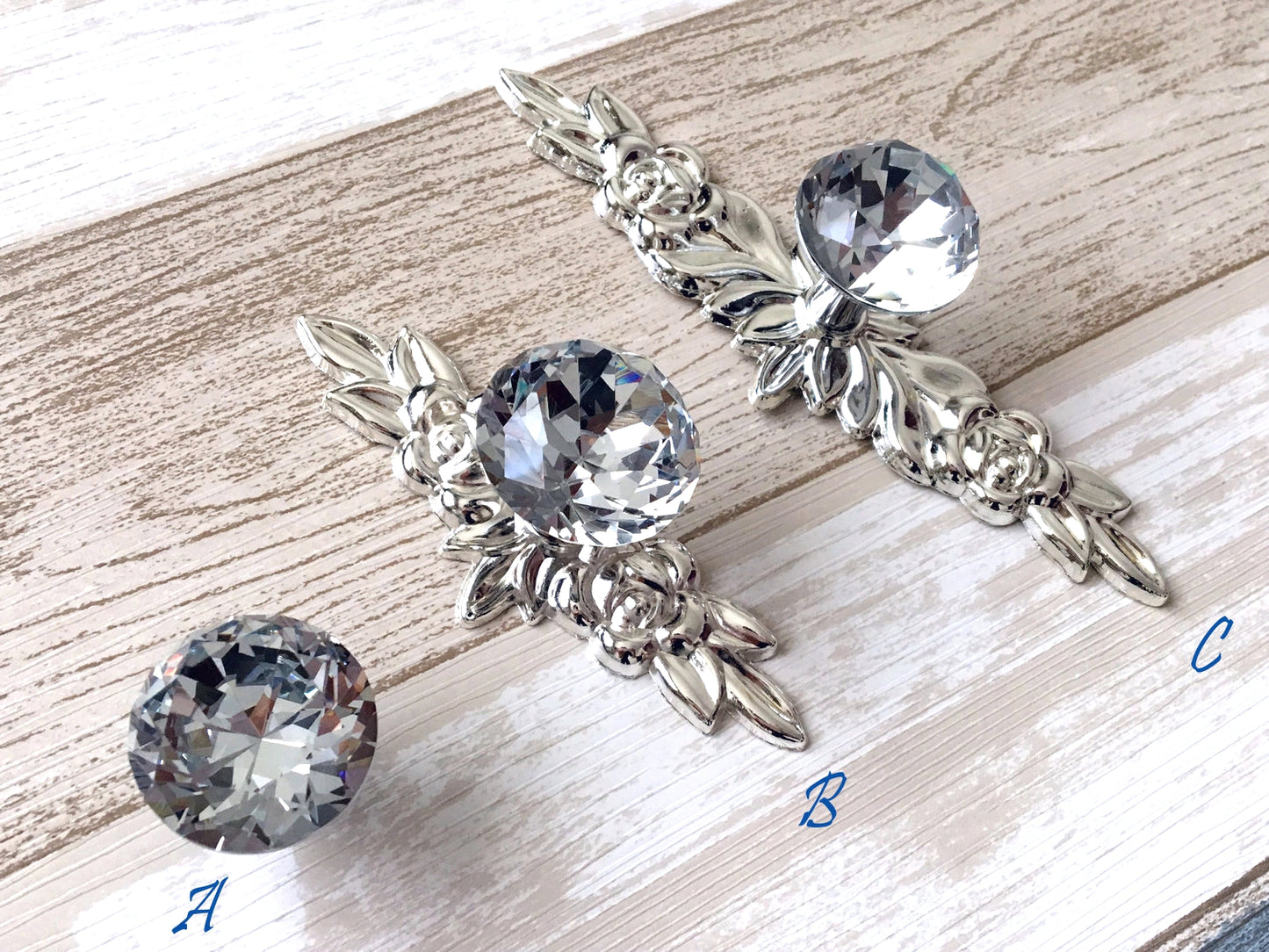 Glass Dresser Pull, Crystal Drawer Knob w. Back Plates