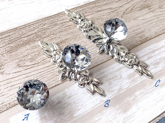 Glass Dresser Pull, Crystal Drawer Knob w. Back Plates