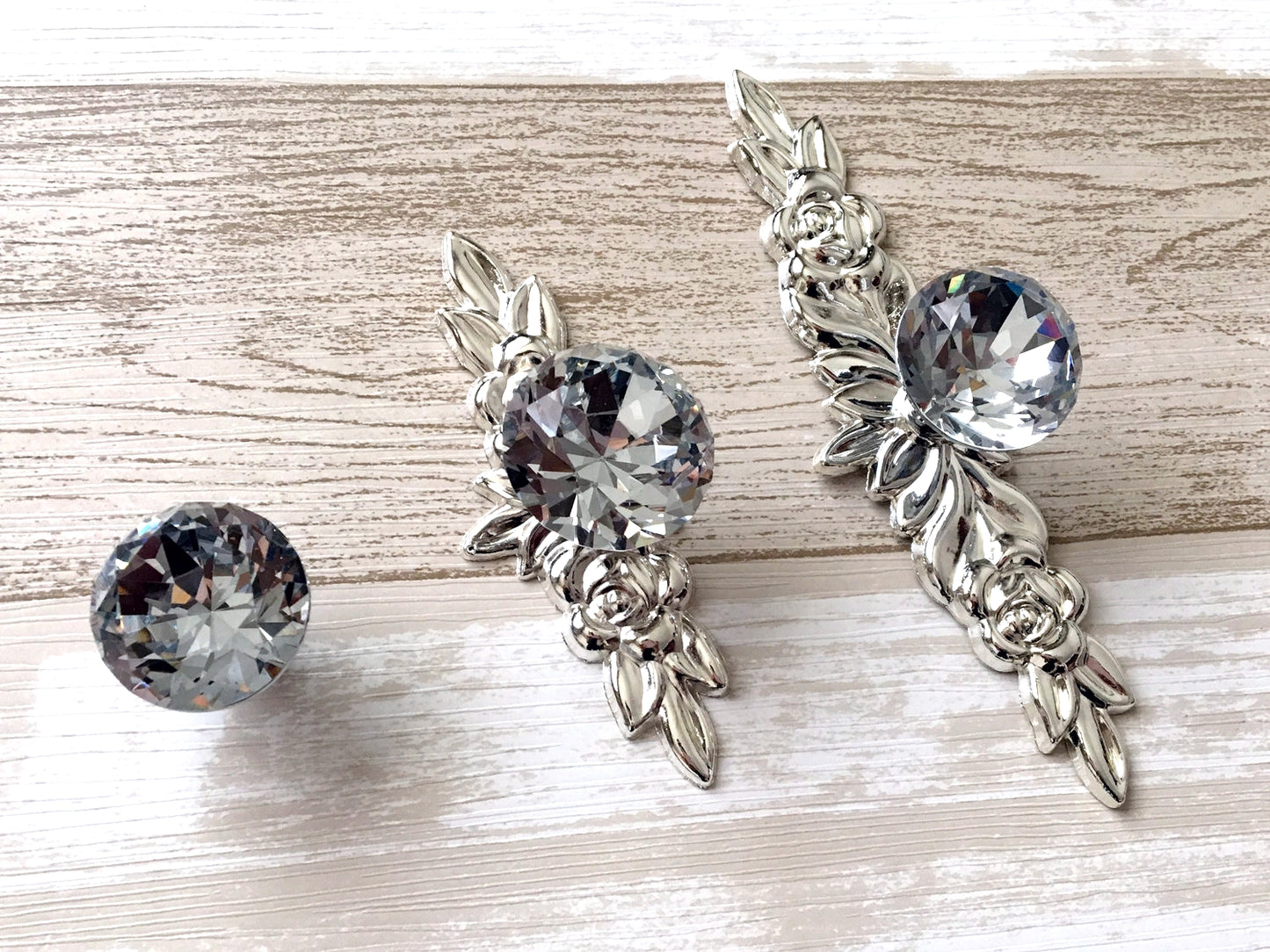 Glass Dresser Pull, Crystal Drawer Knob w. Back Plates