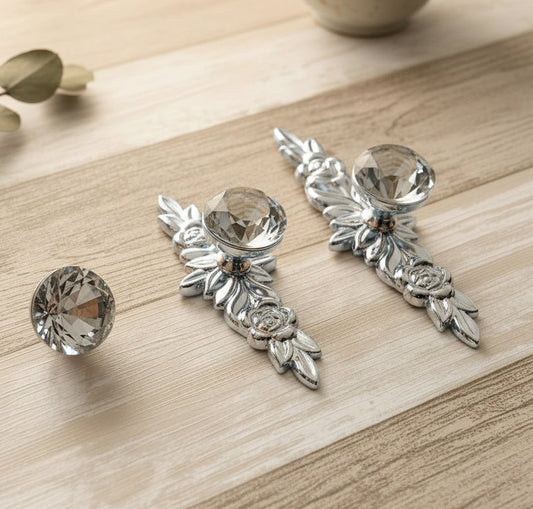 Crystal Glass Drawer Knob w. Floral Backplate - LynnsHardware