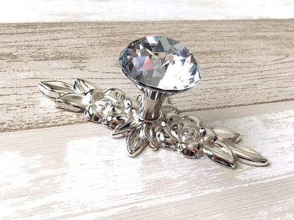 Glass Dresser Pull, Crystal Drawer Knob w. Back Plates