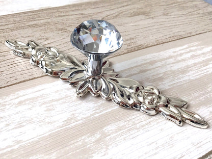 Glass Dresser Pull, Crystal Drawer Knob w. Back Plates