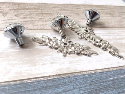 Glass Dresser Pull, Crystal Drawer Knob w. Back Plates