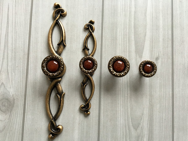 Vintage Resin Gem & Antique Brass Cabinet Pull Knobs