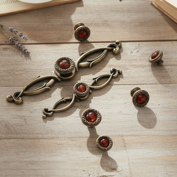 Decorative bronze knobs with red gemstones on a wooden surface