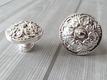 Ornate Shiny Silver Patterned Drawer Knob