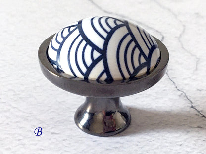 3.75" 5" Porcelain Cabinet Pulls, Blue White Scallop, Geometric Fish Scale, 96 128 mm Holes