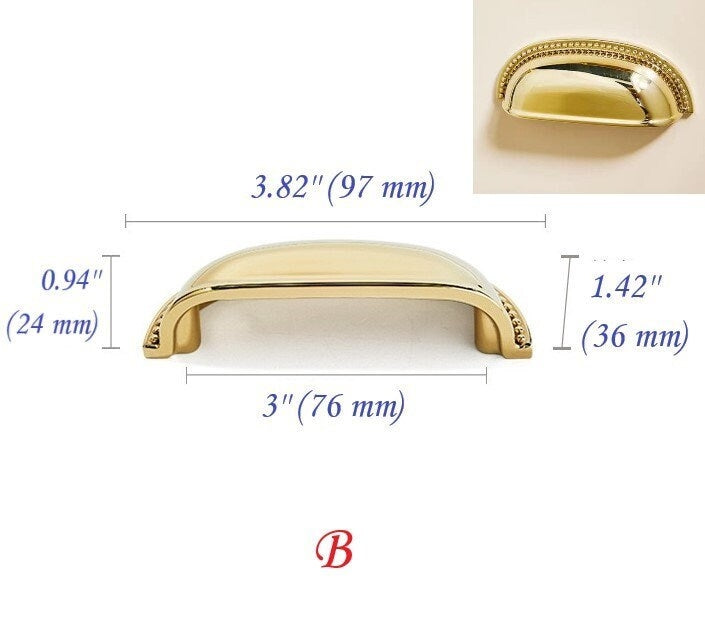 Stylish Polished Brass Cabinet Handles, Shiny Gold Drawer Cup Pulls