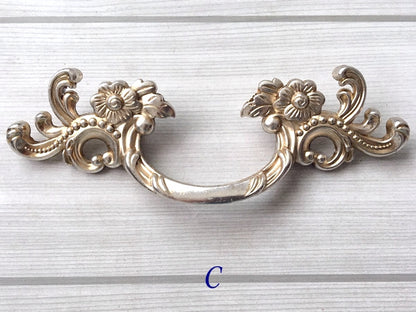 French Provincial Floral Leafy Knobs & Drawer Pulls, Antique Silver, 1.75" 2.5" 3" C-C
