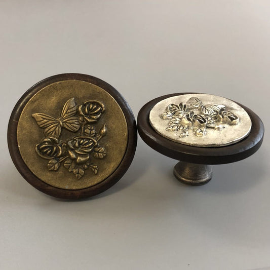 Art deco floral wooden cabinet knob accented with metal plate for rustic farmhouse home decor 