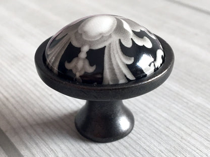 3" Centers Ceramic Gray & Black Floral Cabinet Pull & Knob - 76 mm - LynnsHardware