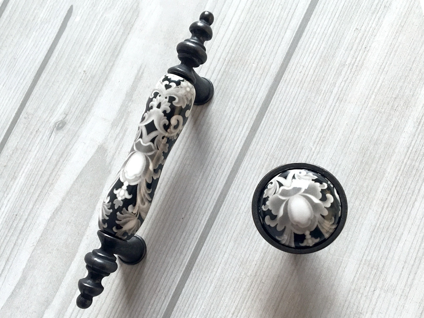 3" Centers Ceramic Gray & Black Floral Cabinet Pull & Knob - 76 mm - LynnsHardware