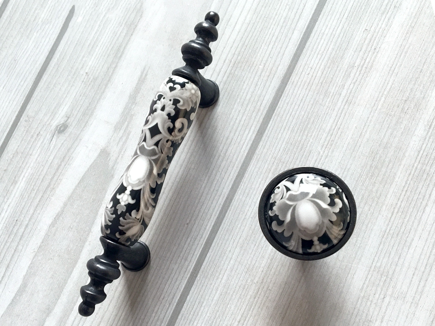 3" Centers Ceramic Gray & Black Floral Cabinet Pull & Knob - 76 mm - LynnsHardware
