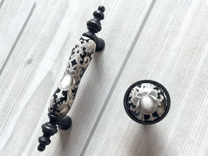 3" Centers Ceramic Gray & Black Floral Cabinet Pull & Knob - 76 mm - LynnsHardware
