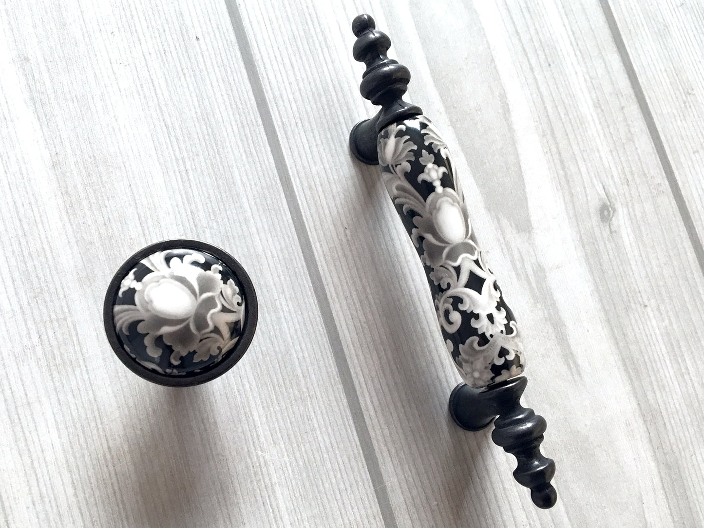 3" Centers Ceramic Gray & Black Floral Cabinet Pull & Knob - 76 mm - LynnsHardware