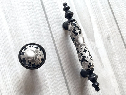 3" Centers Ceramic Gray & Black Floral Cabinet Pull & Knob - 76 mm - LynnsHardware