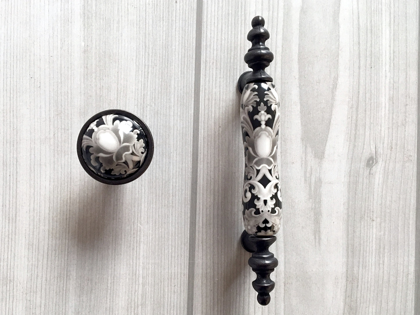 3" Centers Ceramic Gray & Black Floral Cabinet Pull & Knob - 76 mm - LynnsHardware