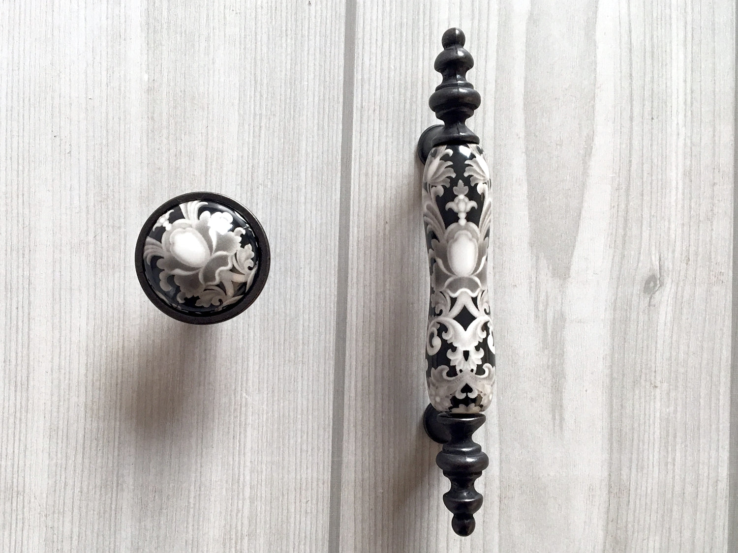 3" Centers Ceramic Gray & Black Floral Cabinet Pull & Knob - 76 mm - LynnsHardware
