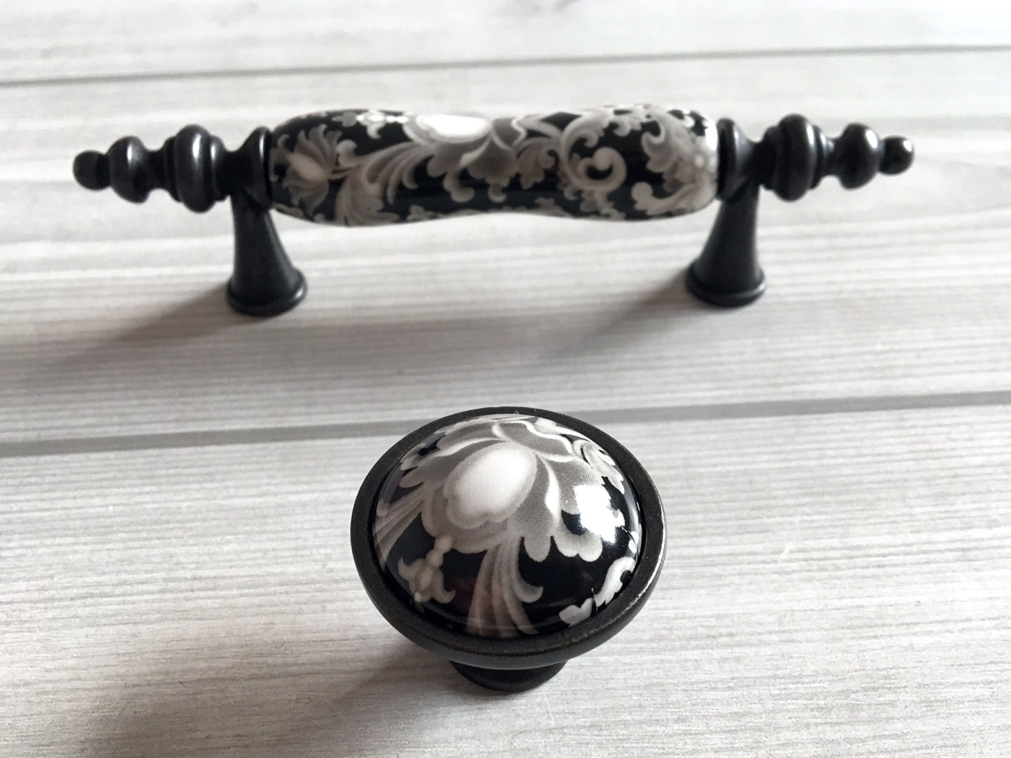 3" Centers Ceramic Gray & Black Floral Cabinet Pull & Knob - 76 mm - LynnsHardware