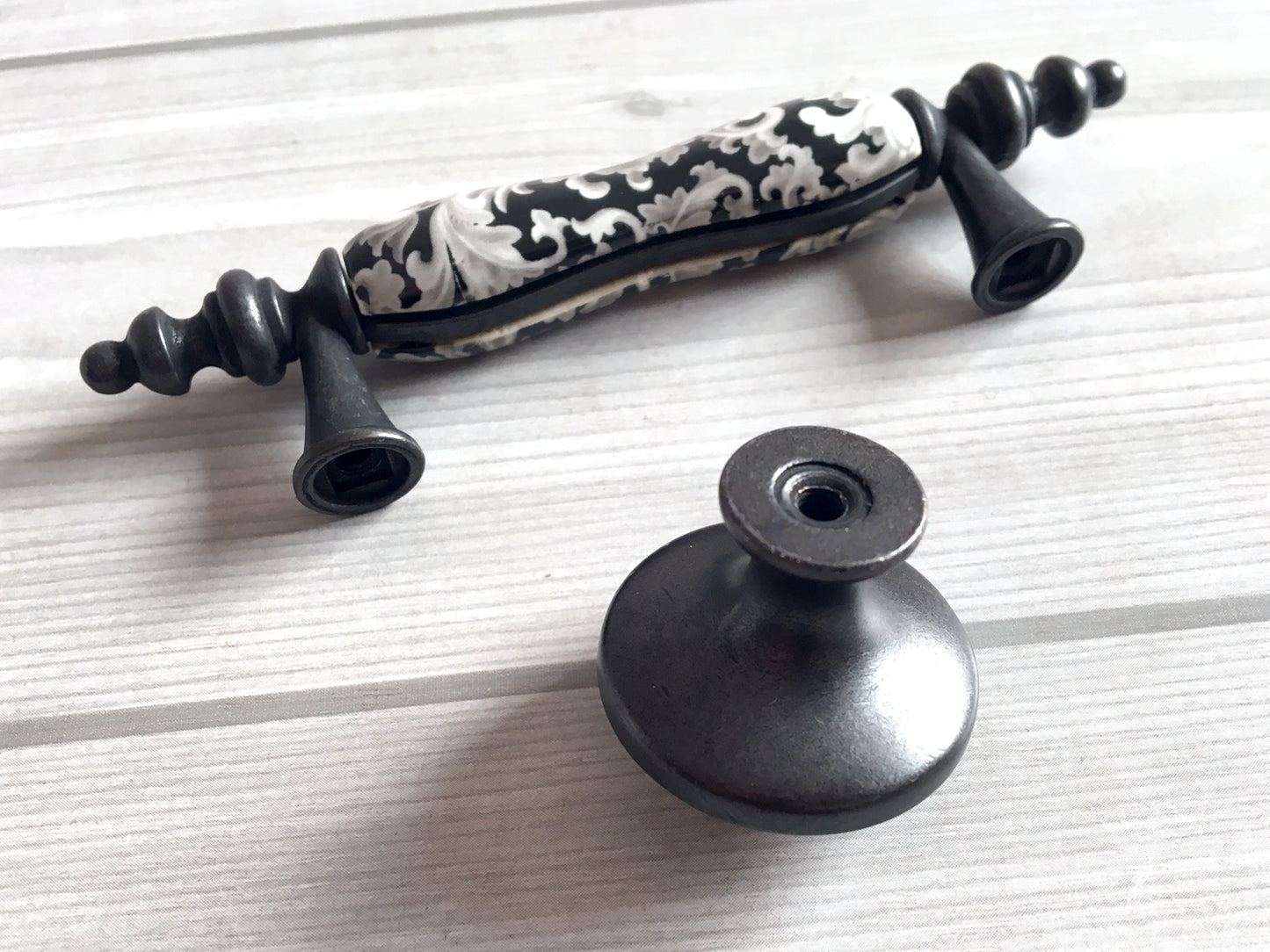 3" Centers Ceramic Gray & Black Floral Cabinet Pull & Knob - 76 mm - LynnsHardware