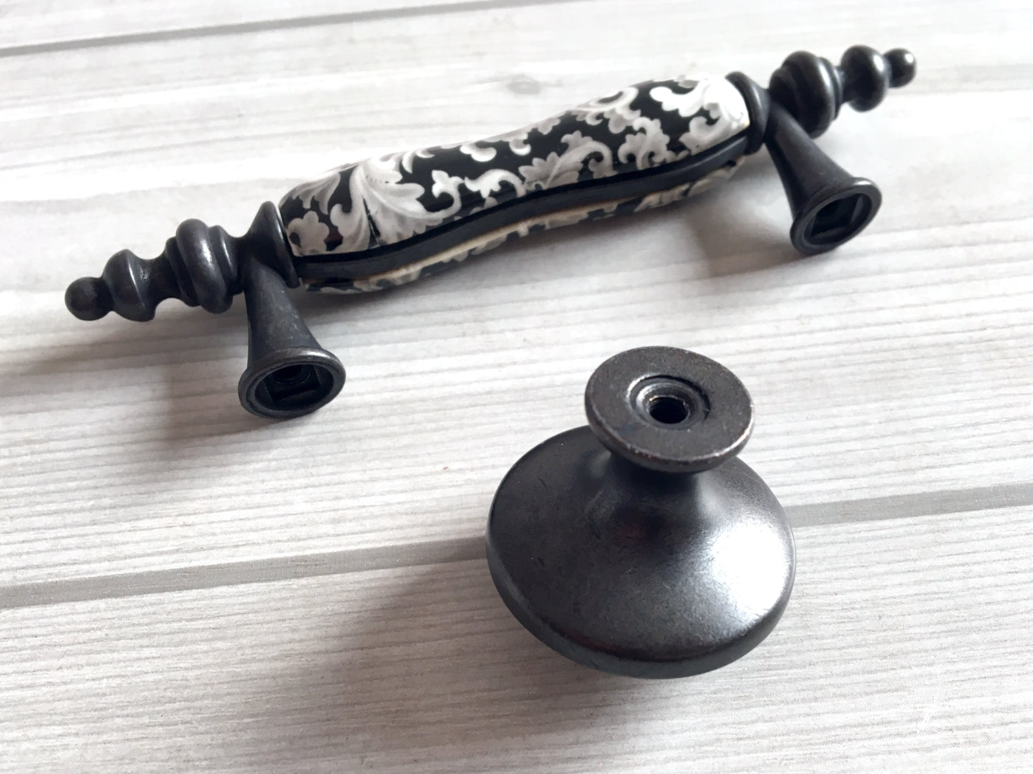 3" Centers Ceramic Gray & Black Floral Cabinet Pull & Knob - 76 mm - LynnsHardware