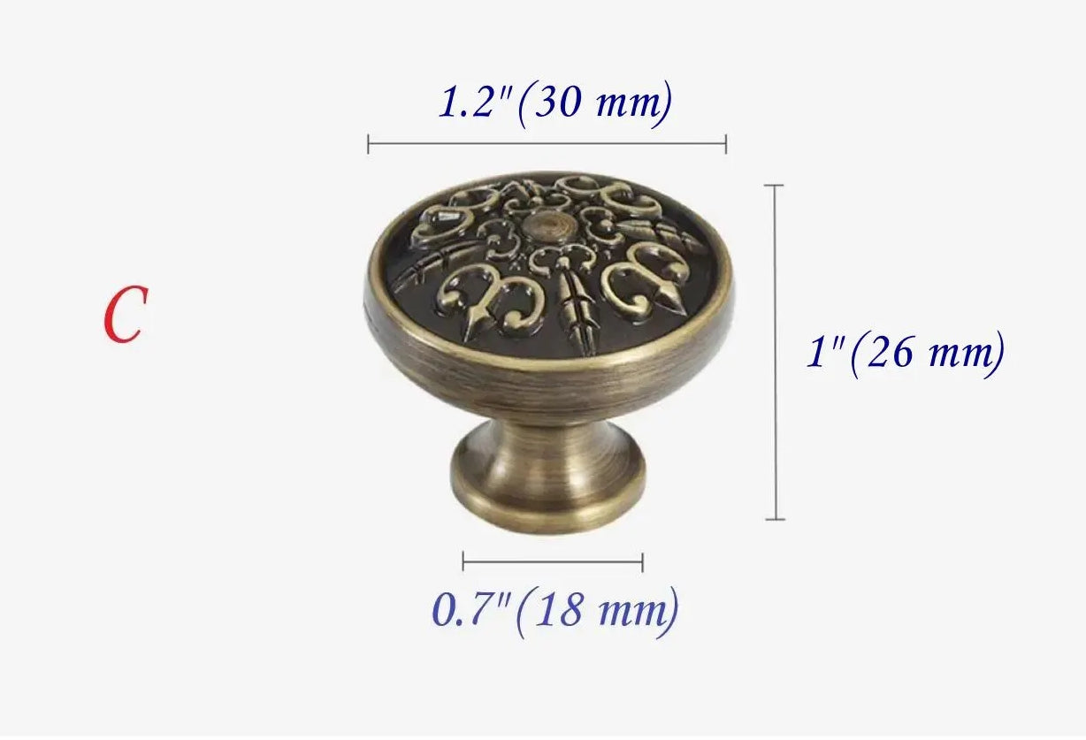 Solid Brass Cabinet Knob with Backplate, Antique Bronze, Victorian Round Floral Knob