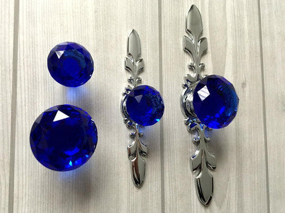 Blue Glass Drawer Knobs with Backplate, Polished Chrome, Kitchen Hardware
