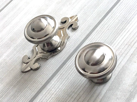 Brushed Nickel Cabinet Knobs with Backplate, Modern Silver Kitchen Hardware