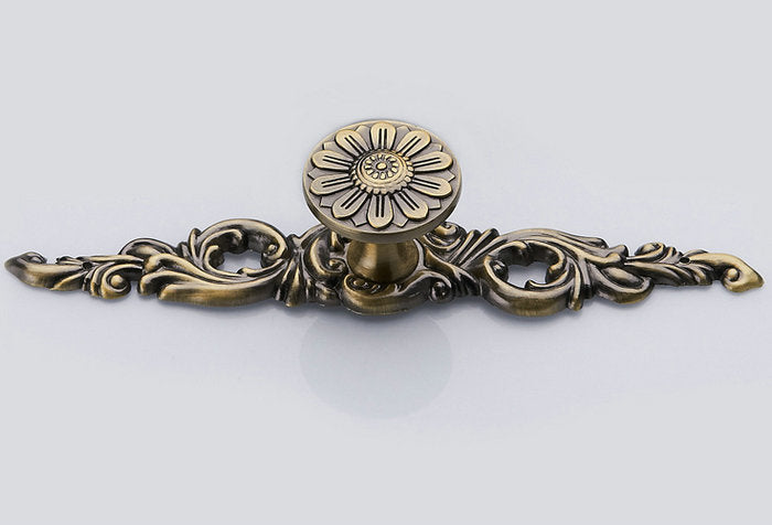 Aged Bronze Floral Cabinet Pull with Backplate - French Country