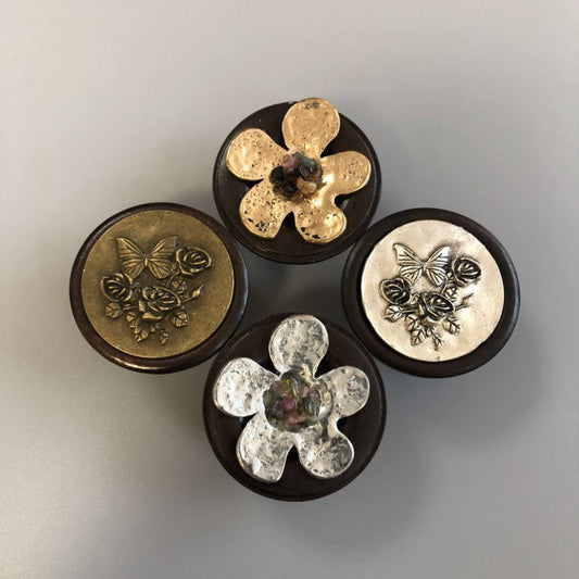 Wood and metal round drawer knobs for rustic kitchen interiors 