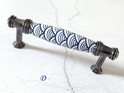 3.75" 5" Porcelain Cabinet Pulls, Blue White Scallop, Geometric Fish Scale, 96 128 mm Holes