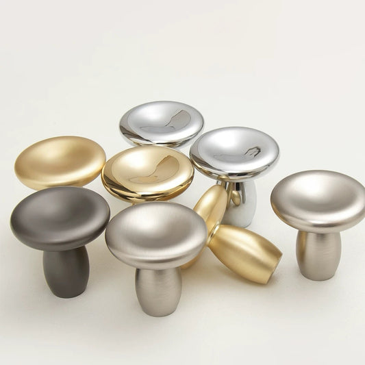 Small round cabinet knobs in chrome, nickel, gold and dark gray