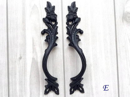 Black Leafy Cabinet Drawer Pulls, Floral Knob, Pair Vertical Handles