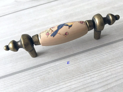 3" 3.75" 5" Flower Bird Porcelain Drawer Pulls Cabinet Handle, Tan Bronze