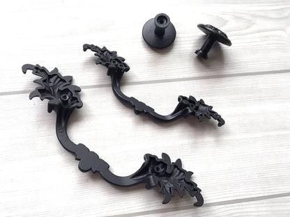 3" 3.75" Centers Black Leafy Drawer Pulls, Floral Knob, Vintage Shabby Chic