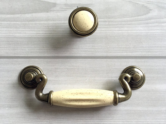 4.5" Centers Vintage Style Drop Bail Drawer Pulls, Round Knobs, Cream Antique Bronze