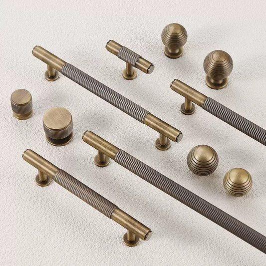 Antique bronze fluted bar handles and matching drawer knobs 