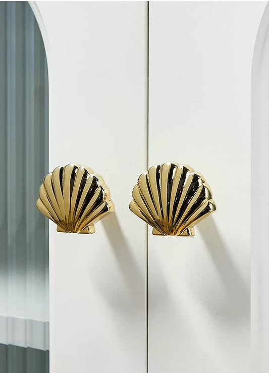 Polished gold brass scallop shell drawer knobs for contemporary decor