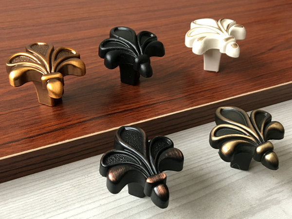 Fleur De Lis Cabinet Pulls, Vintage Style Drawer Knobs, Bronze Black White Gold Brass