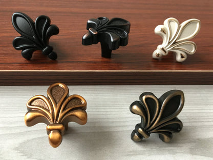 Fleur De Lis Cabinet Pulls, Vintage Style Drawer Knobs, Bronze Black White Gold Brass