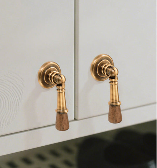 Walnut wood and brass cabinet pendant drop pulls