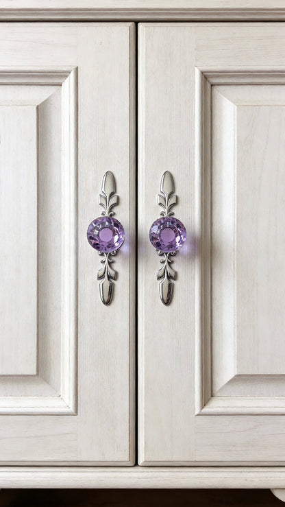 Violet Glass Drawer Knobs with Backplate, Polished Chrome - LynnsHardware