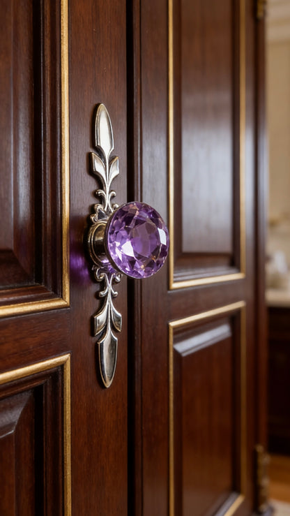 Violet Glass Drawer Knobs with Backplate, Polished Chrome - LynnsHardware