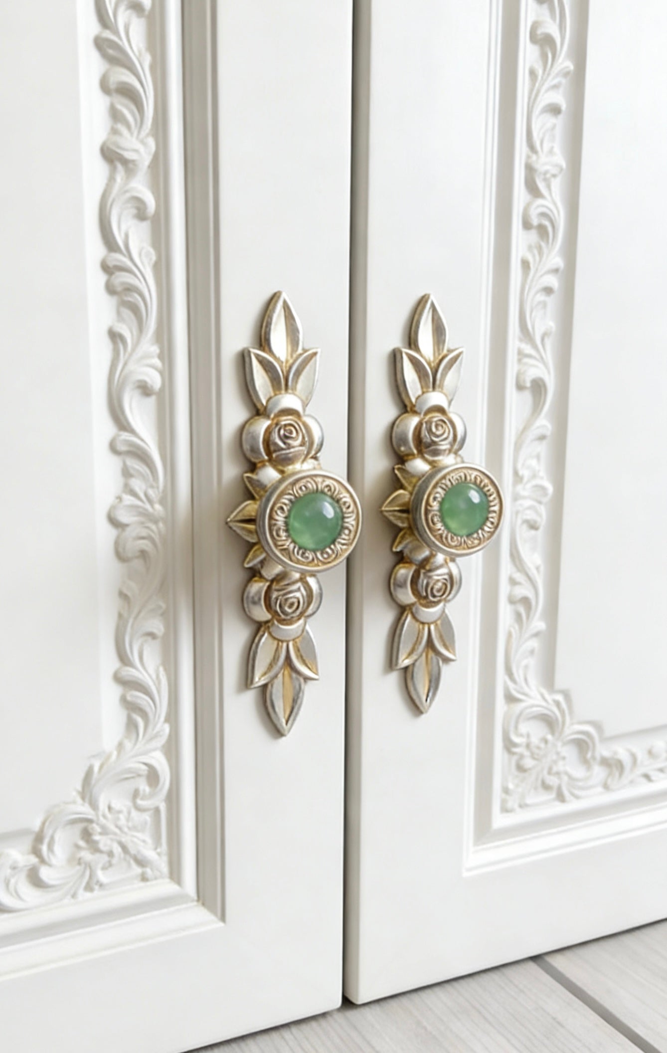 Shabby Chic Style Green Drawer Knobs with Antique Silver Backplate - LynnsHardware