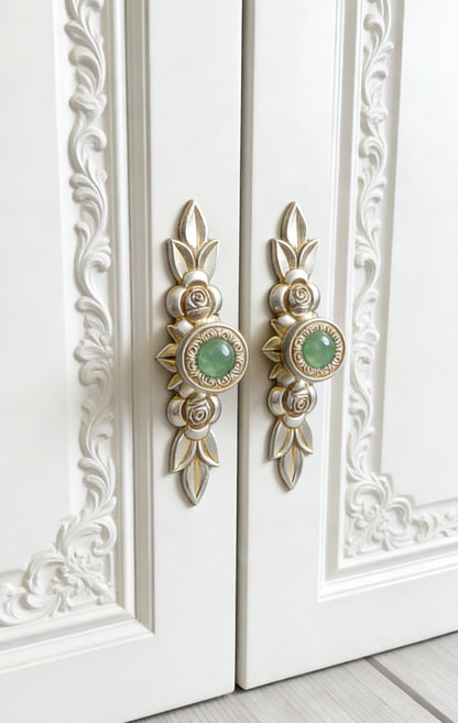 Shabby Chic Style Green Drawer Knobs with Antique Silver Backplate - LynnsHardware