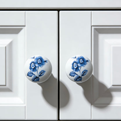 White cabinet doors with blue floral knobs on a white background
